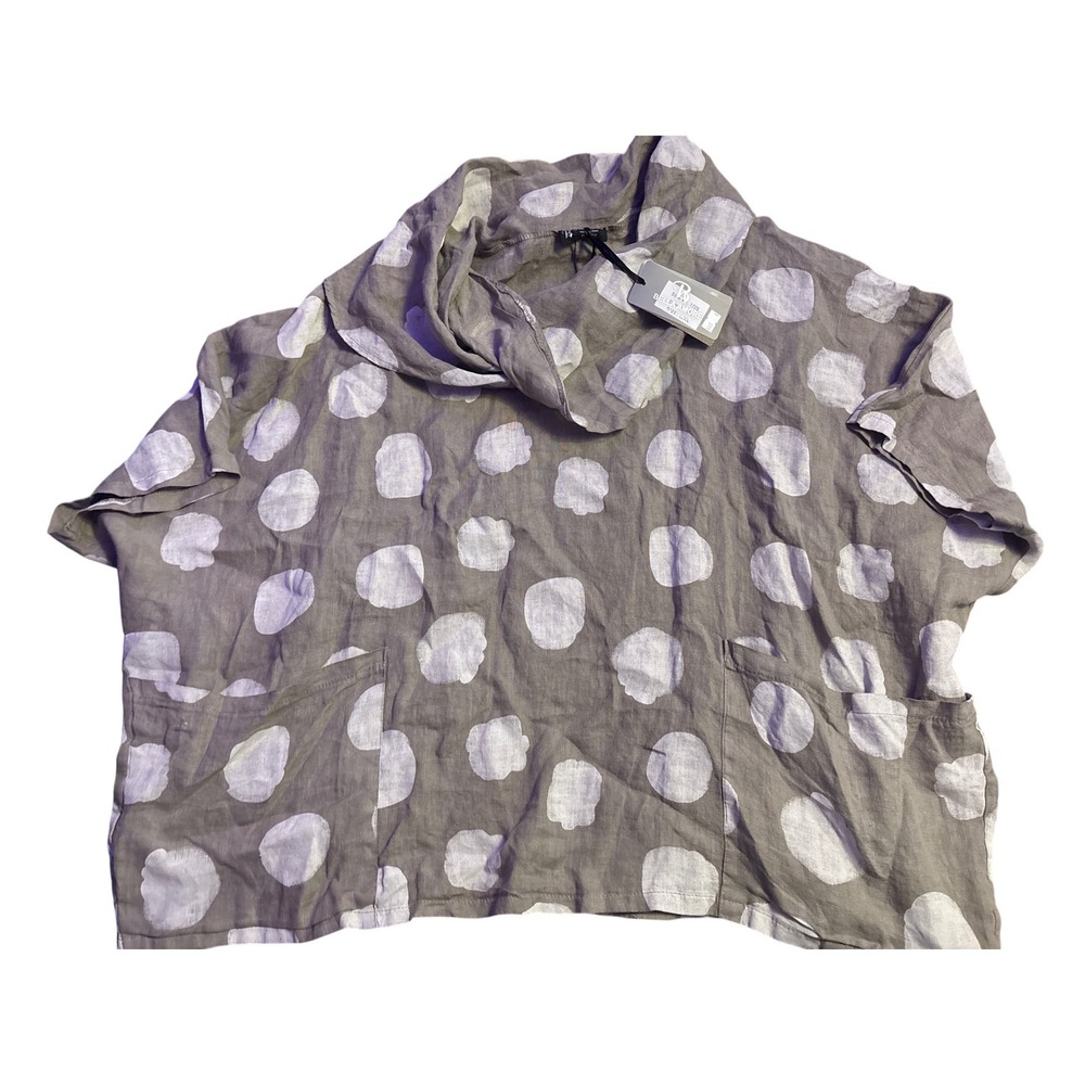 NEW Bella Amore Italy 100% Linen Taupe Polka Dot Cowl Neck Lagenlook Top L/XL